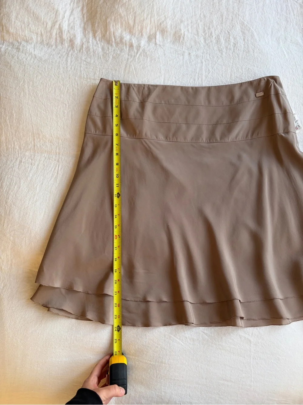NWT Vintage Chanel Silk Logo Ruffle Flouncy Mini Skirt Taupe Brown Tan Pearl